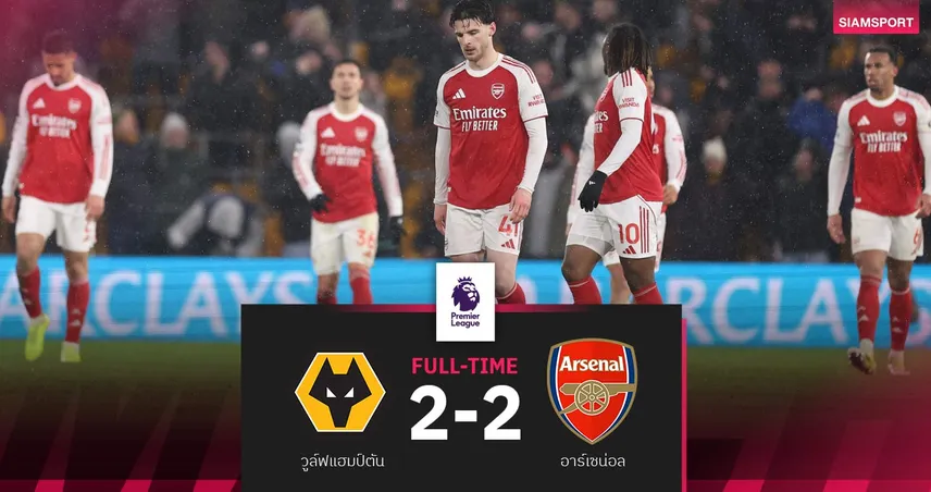 ผลบอล วูล์ฟส์ 2-2 อาร์เซน่อล : ปืนแผ่วโดนตีนาทีบาป นำฝูงทิ้งแมนซิตี้ 5 แต้ม