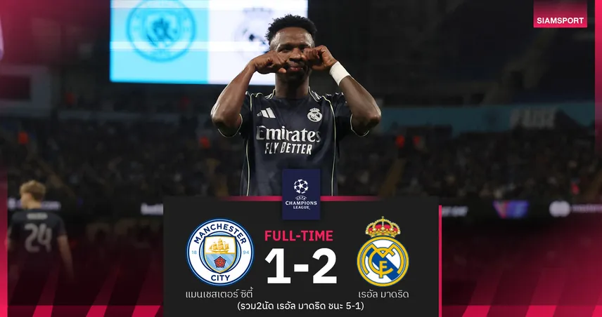 ผลบอล แมนซิตี้ 1-2 เรอัล มาดริด วินิซิอุส เหมา 2 จมเรือ 10 คนพาราชันลิ่วสกอร์รวม 5-1!
