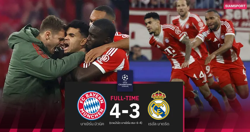 ผลบอล บาเยิร์น 4-3 เรอัล มาดริด : เกมมันส์ 5 ดาว! เสือใต้ดับราชันทะลุตัดเชือดเปแอสเช UCL