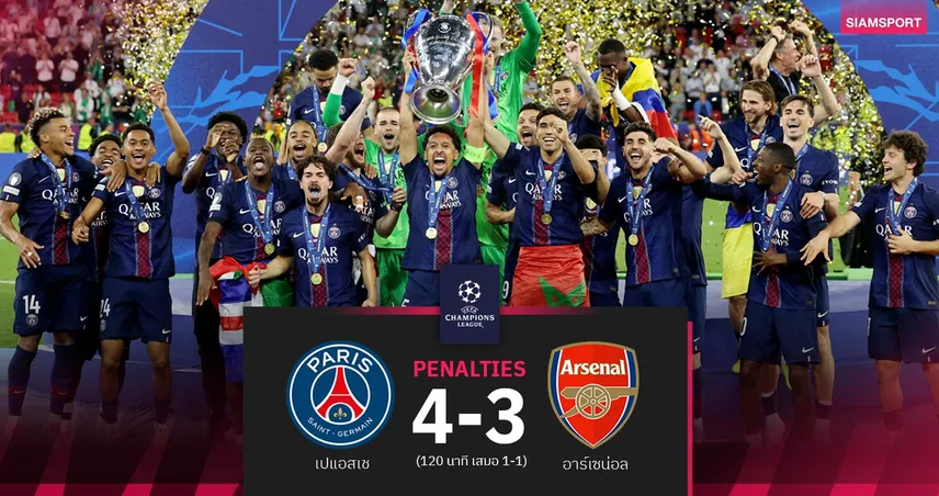ผลบอล เปแอสเช ชนะจุดโทษ อาร์เซน่อล 4-3 : คว้าแชมป์ UCL สมัยที่ 2 ติดต่อกัน