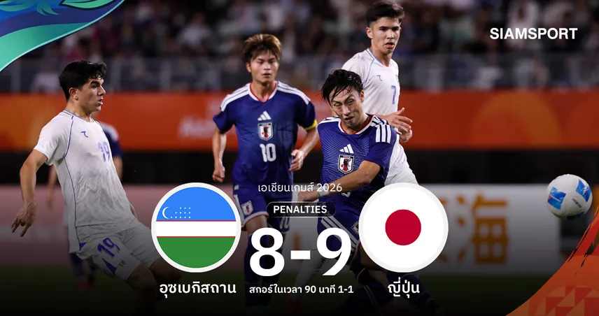 ผลบอล : ญี่ปุ่นดวลโทษดับอุซเบกิสถาน 9-8 ลิ่วชิงทองเอเชียนเกมส์ 2026