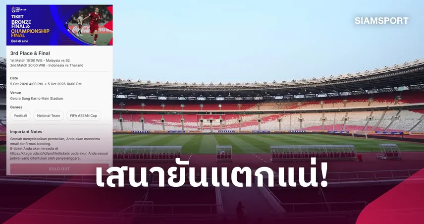 บัตรนัดชิงฟีฟ่า อาเซียน คัพ อินโดฯดวล ทีมชาติไทย ขายหมดเกลี้ยง 7.7 หมื่นใบ