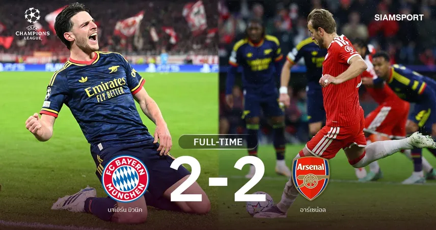 ผลบอล บาเยิร์น 2-2 อาร์เซน่อล : ไรซ์ซัดกู้ชีพ! ปืนบุกเจ๊าเสือใต้สุดมันศึก UCL