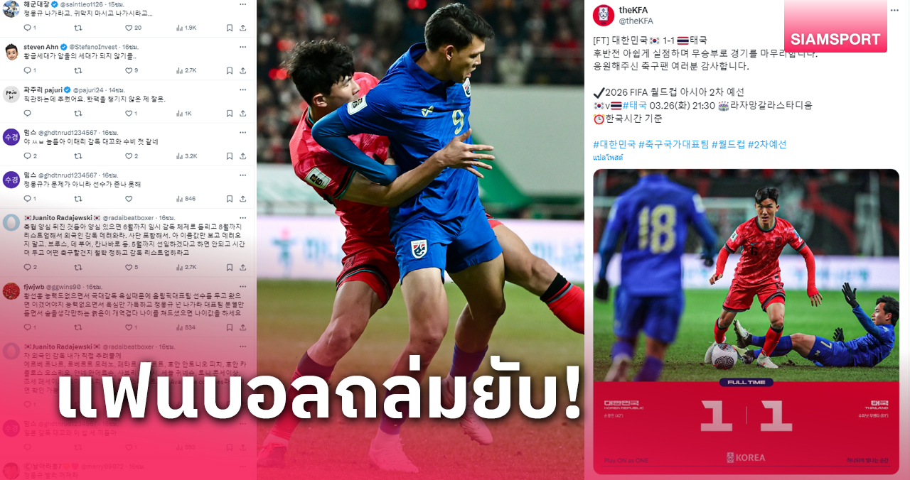 ทัวร์ลงส.ฟุตบอลเกาหลีใต้ หลังเล่นไม่ถูกใจ เสมอ ทีมชาติไทย