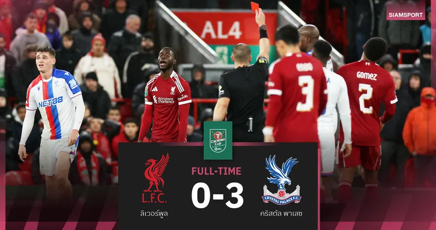 ผลบอล ลิเวอร์พูล 0-3 คริสตัล พาเลซ : เข้าขั้นโคม่า! หงส์แดงแพ้คาบ้านตกรอบสี่ คาราบาว คัพ 