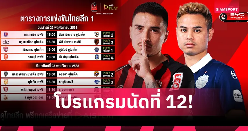 บิ๊กแมตช์ "เมืองทอง พบ บุรีรัมย์" เช็กโปรแกรมไทยลีก สัปดาห์นี้ AIS PLAY ถ่ายทอดสด ชมฟรี! 94634