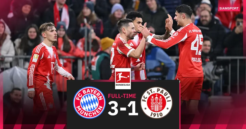 ผลบอลบาเยิร์น 3-1 ซังต์.เพาลี! ดีอาซยิง 1 จ่าย 1 เสือใต้แซงนาทีบาปนำโด่ง 8 แต้ม