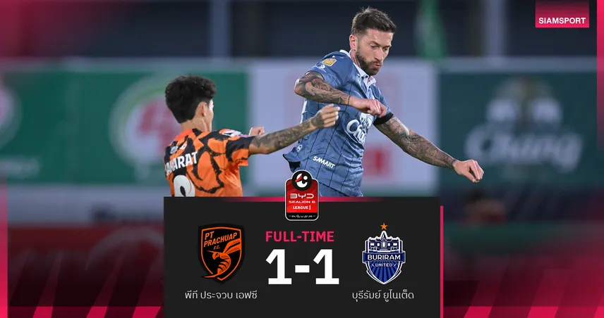 บุรีรัมย์ สะดุดนอกบ้าน บุกแบ่งแต้ม พีที ประจวบ 1-1 ศึก BYD SEALION 6 ลีกหนึ่ง 97512