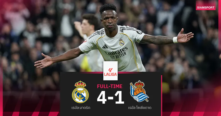 ผลบอล เรอัล มาดริด ถล่ม โซเซียดาด 4-1 วินิซิอุสซัดเบิ้ล-เฮ 8 นัดติด ยึดจ่าฝูงลาลีกา 99886